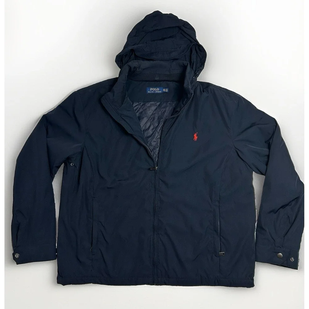 Polo Ralph Lauren Navy Hooded Full Zip Jacket Coat Mens XXL Windbreaker Red Pony